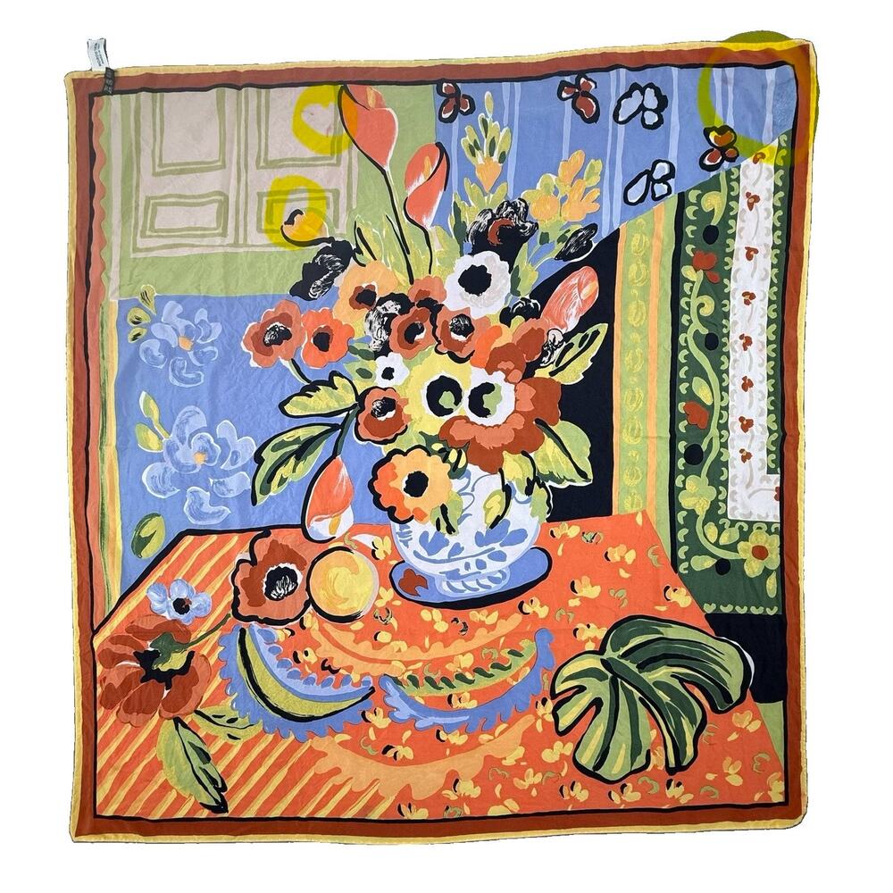 Nordstrom 100% Silk Scarf Made Italy Floral Still Life Square 33” Art Print - Picture 2 of 6